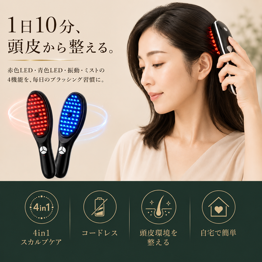 TheraBrush™ 抜け毛に終止符。 赤色LED × 青色LED × 振動 × ミスト